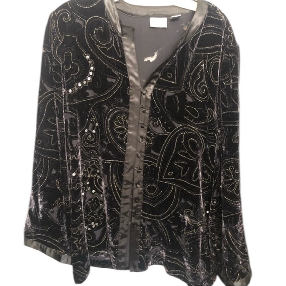 Chico’s Large black velveteen & semi sheer textured button down top satin trim - Picture 1 of 11